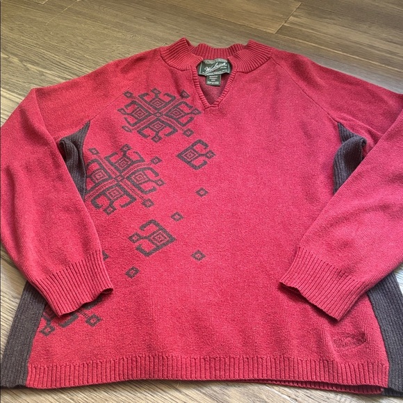 Woolrich | Deep Ruby 100% Cotton Nordic Snowflake V-Neck Sweater Size Medium - Picture 2 of 11